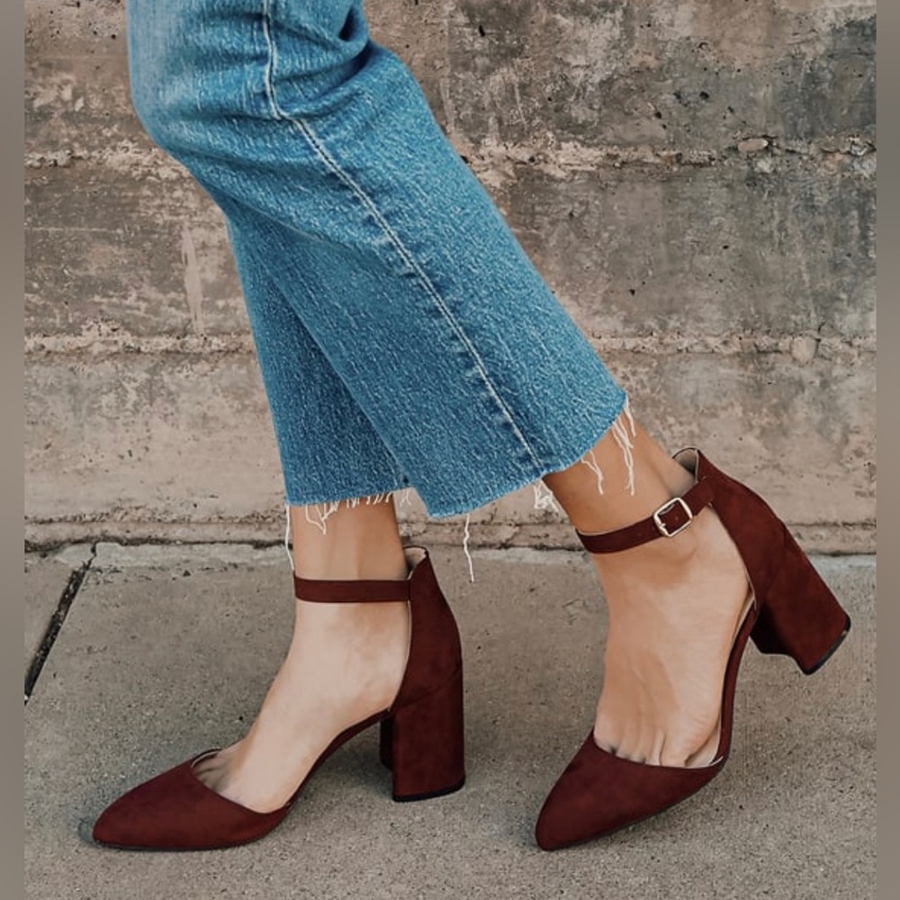 Lulu's Maroon Block Heel Ankle Strap Shoes